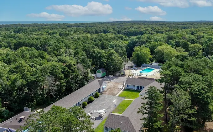 Aerial view of rehab facility surrounded by forest with pool