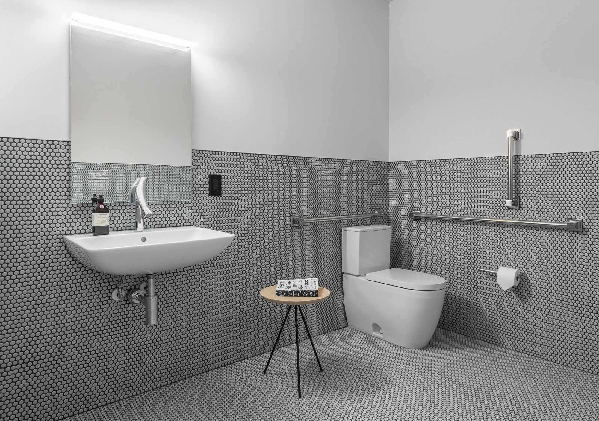 Accessible bathroom with modern sink and support rails