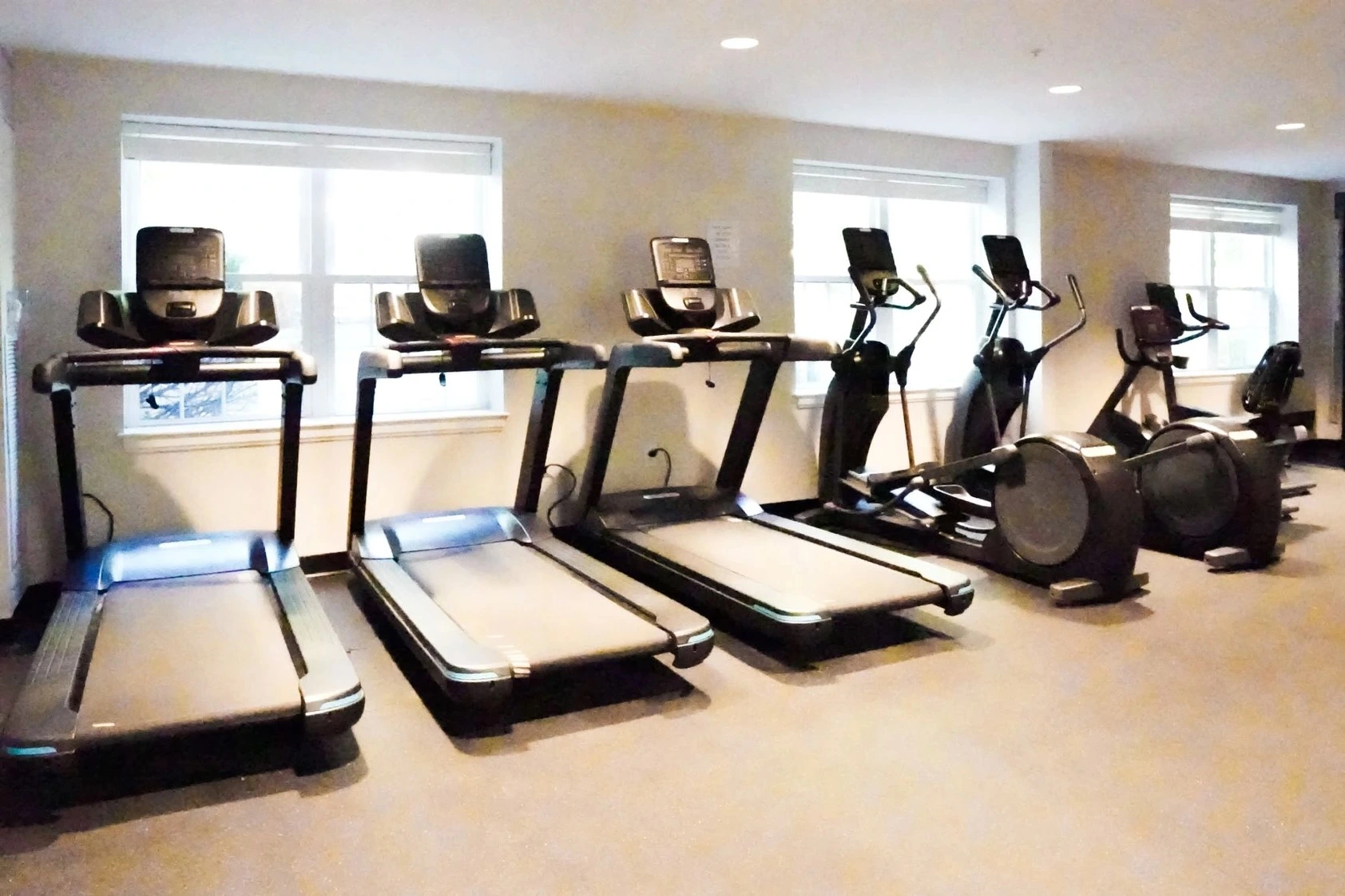 Gym with treadmills and elliptical machines.