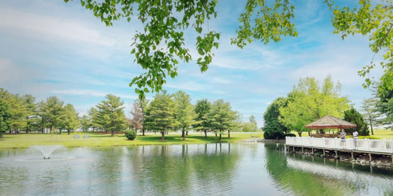 Peaceful lakeside scene with a charming gazebo, fountain, and surrounding greenery, creating a serene environment perfect for reflection and relaxation.