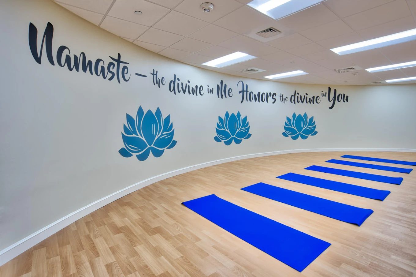Wellness room with blue yoga mats arranged across wood floor
