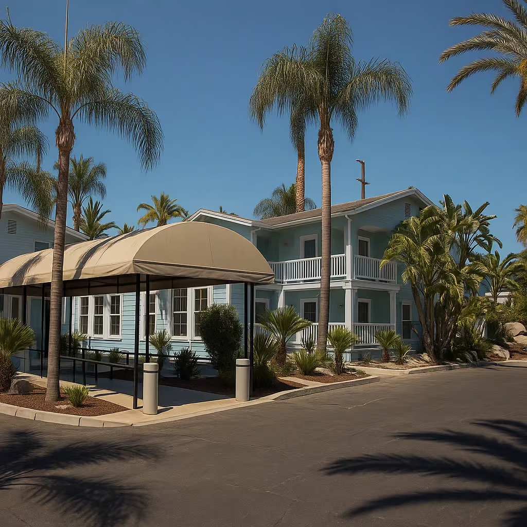 Palm-filled courtyard with pathways and landscaped ponds