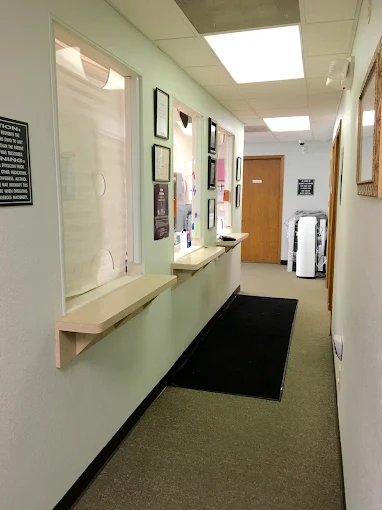 Reception hallway with glass windows and wall-mounted counters