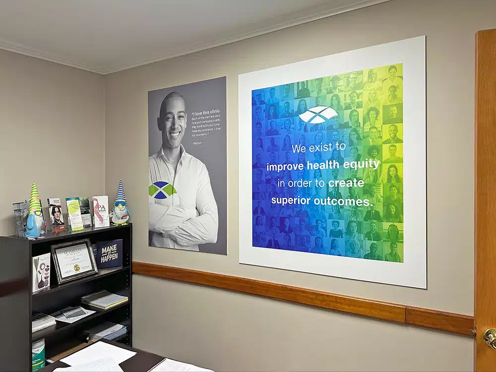 Office with desk, shelf, and recovery message posters