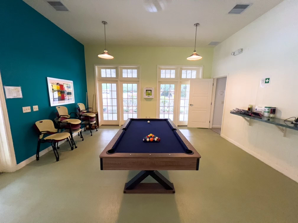 Recreation room featuring billiards table, seating area, and glass doors leading outside