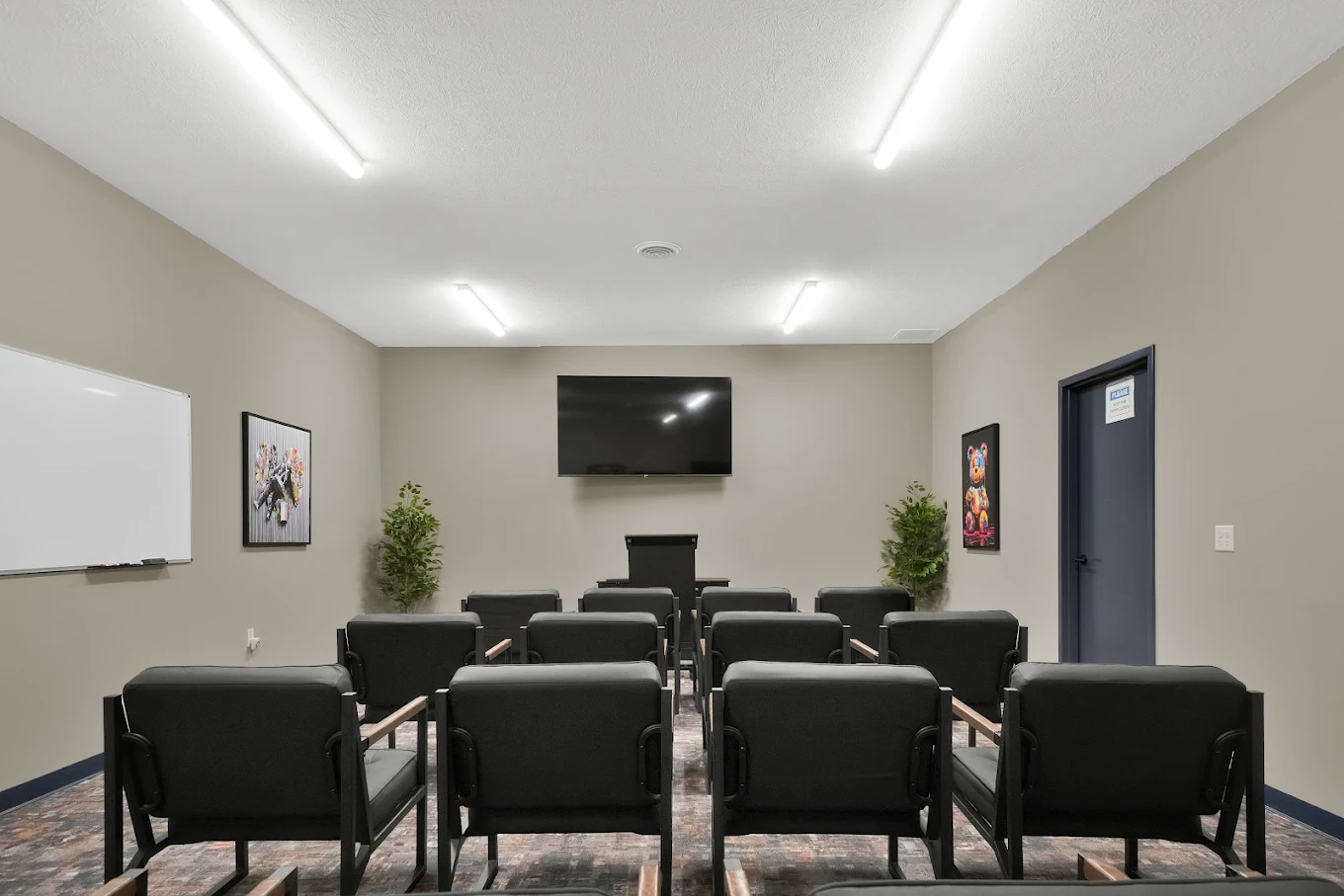Group therapy room with chairs and wall-mounted TV