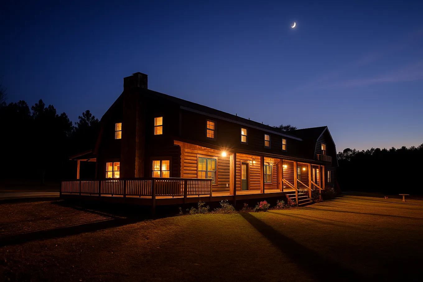 Illuminated log cabin with warm lights beneath a crescent moon