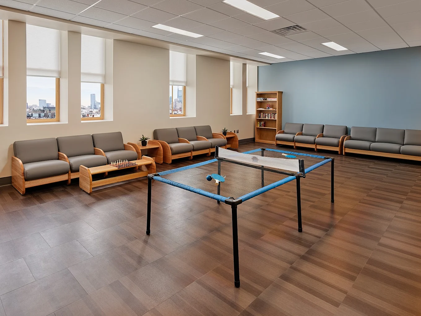 Ping pong table with couches and bookshelf