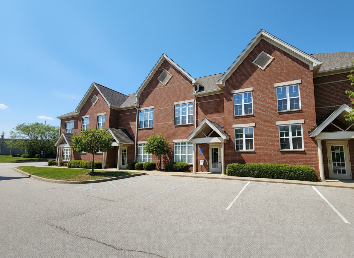 Brick treatment center with parking lot and landscaped entry.