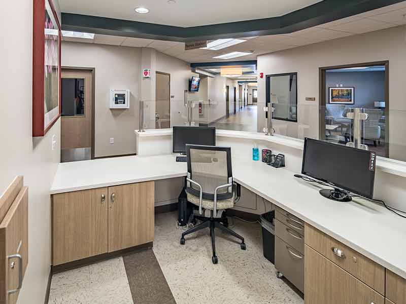 Central nursing and medical workstation inside residential addiction treatment facility