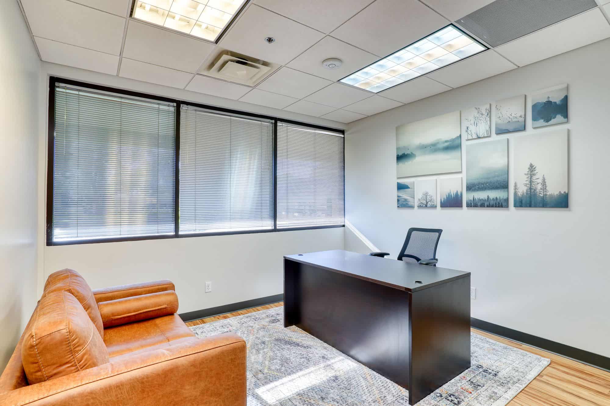 Private therapy office with desk and seating