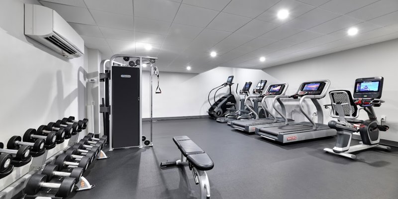 A well-equipped fitness center featuring modern exercise machines, free weights, and a spacious environment designed for wellness.