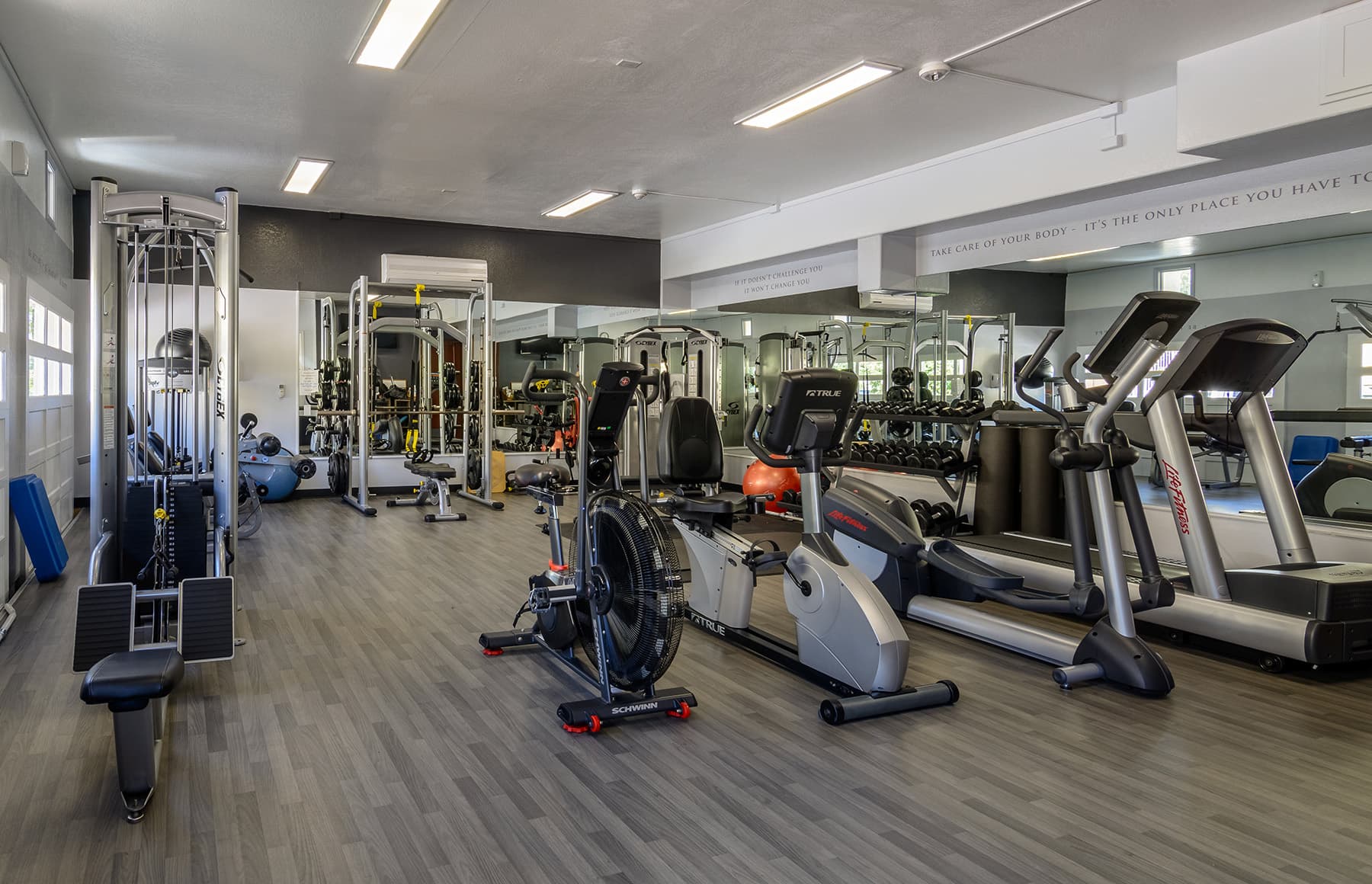 On-site fitness center with cardio and strength equipment