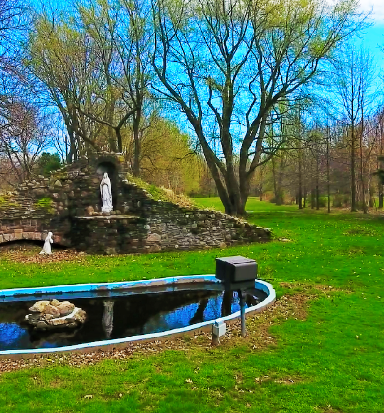 Garden area with pond and statue in wooded setting