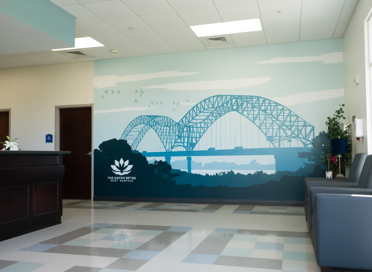 Lobby mural featuring a blue bridge landscape design.