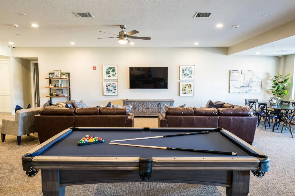 Recreation room with pool table, sofas, and wall-mounted TV