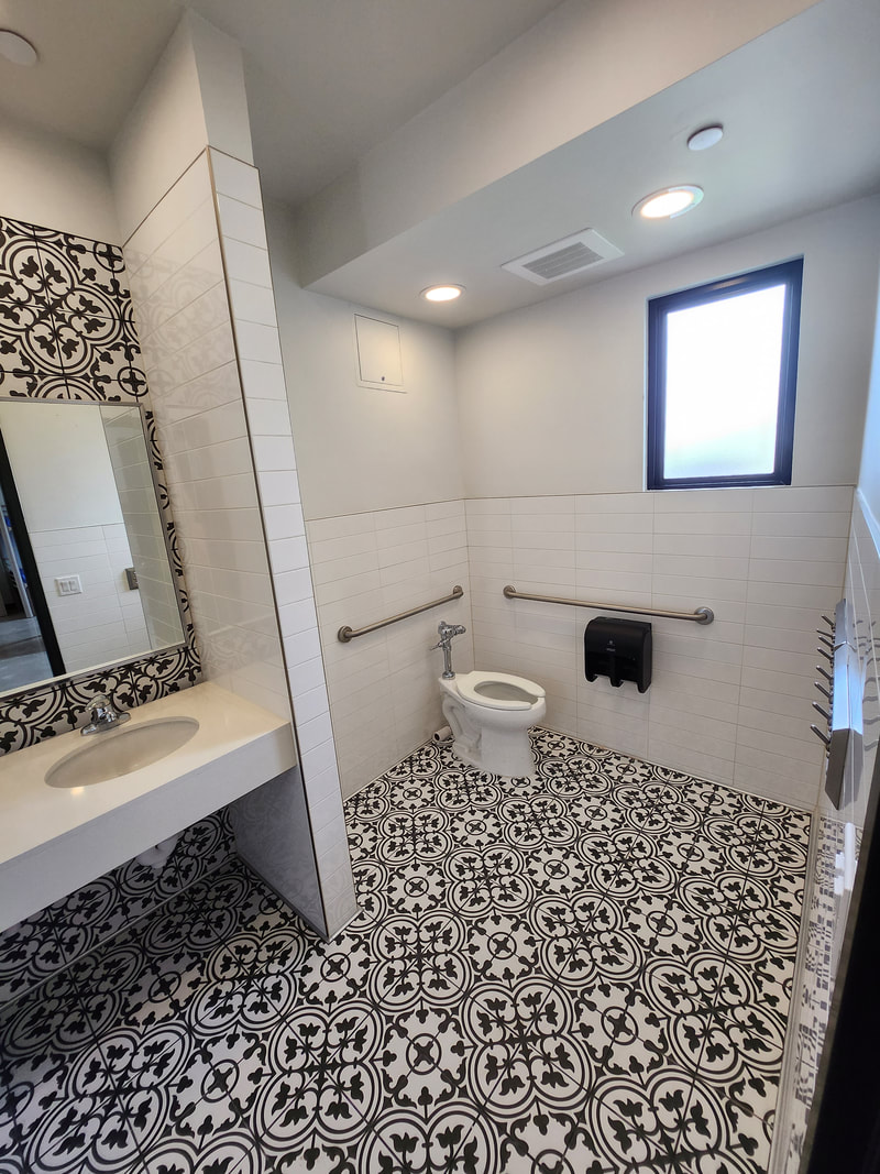 Accessible bathroom with patterned tile floor