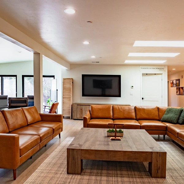 Lounge area with leather sofas and large television