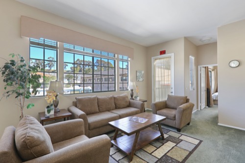 Shared living area with sofas and coffee table