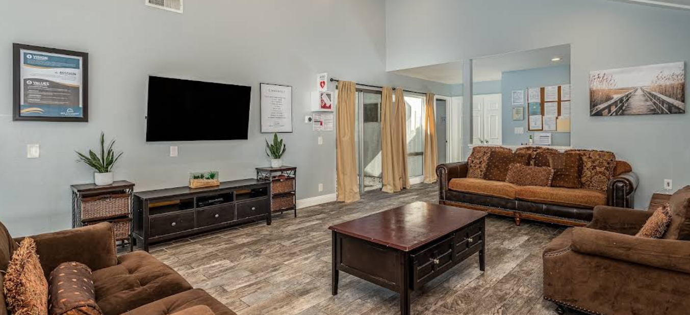 Comfortable living room with sofas, TV, wall art, and natural light.