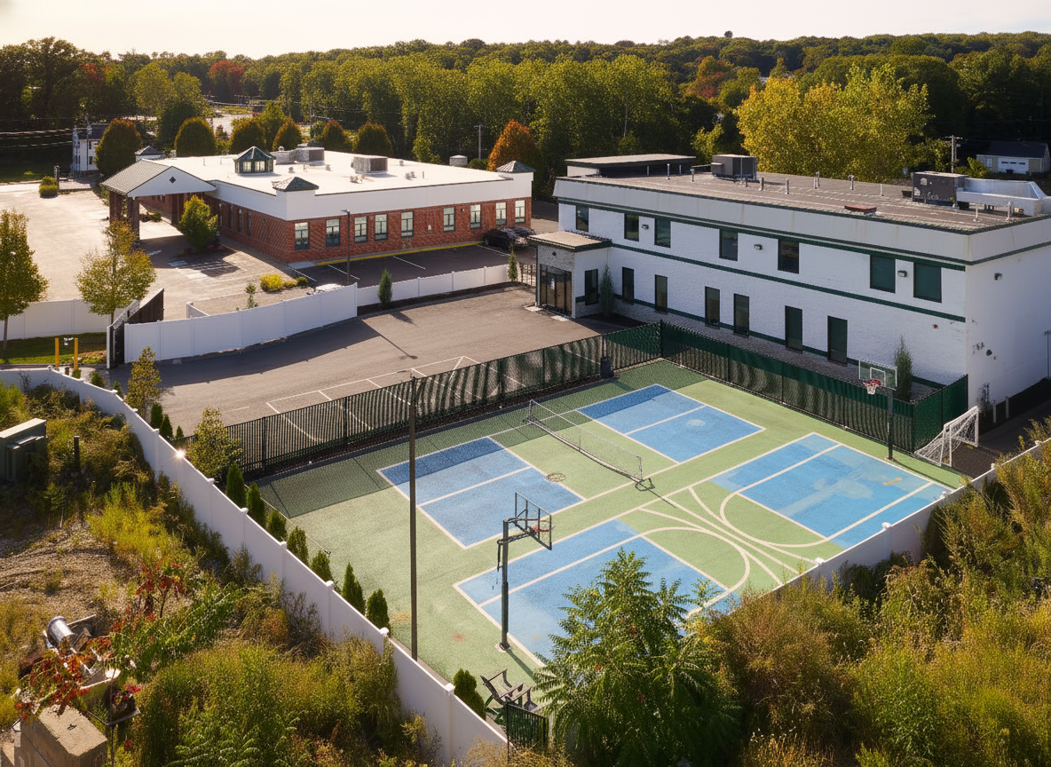 Aerial view of facility with outdoor sports court.
