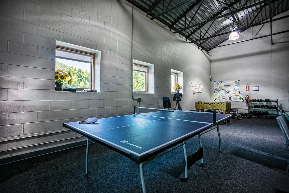 Game room with ping pong table and seating