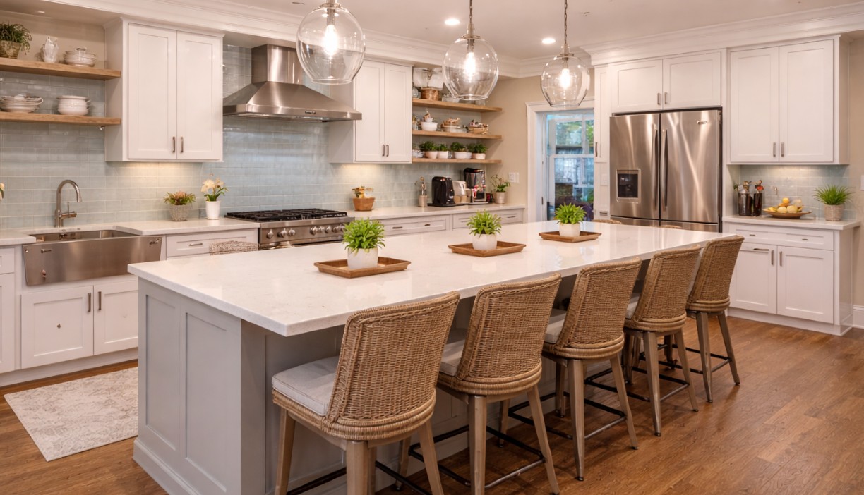 Bright kitchen with island seating and modern appliances