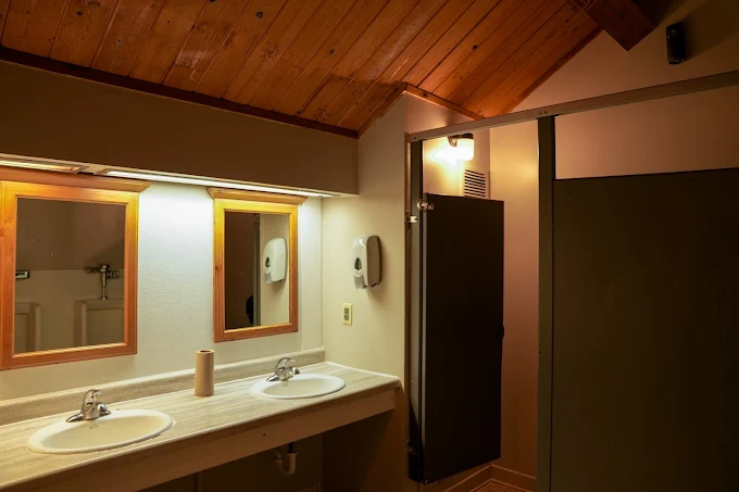 Two-sink bathroom with mirrors and wood ceiling