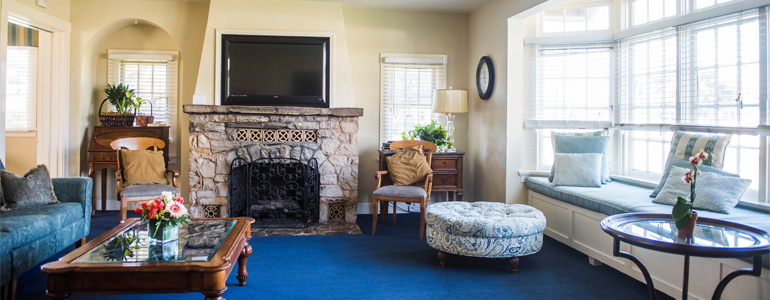 Cozy living room with fireplace and large windows