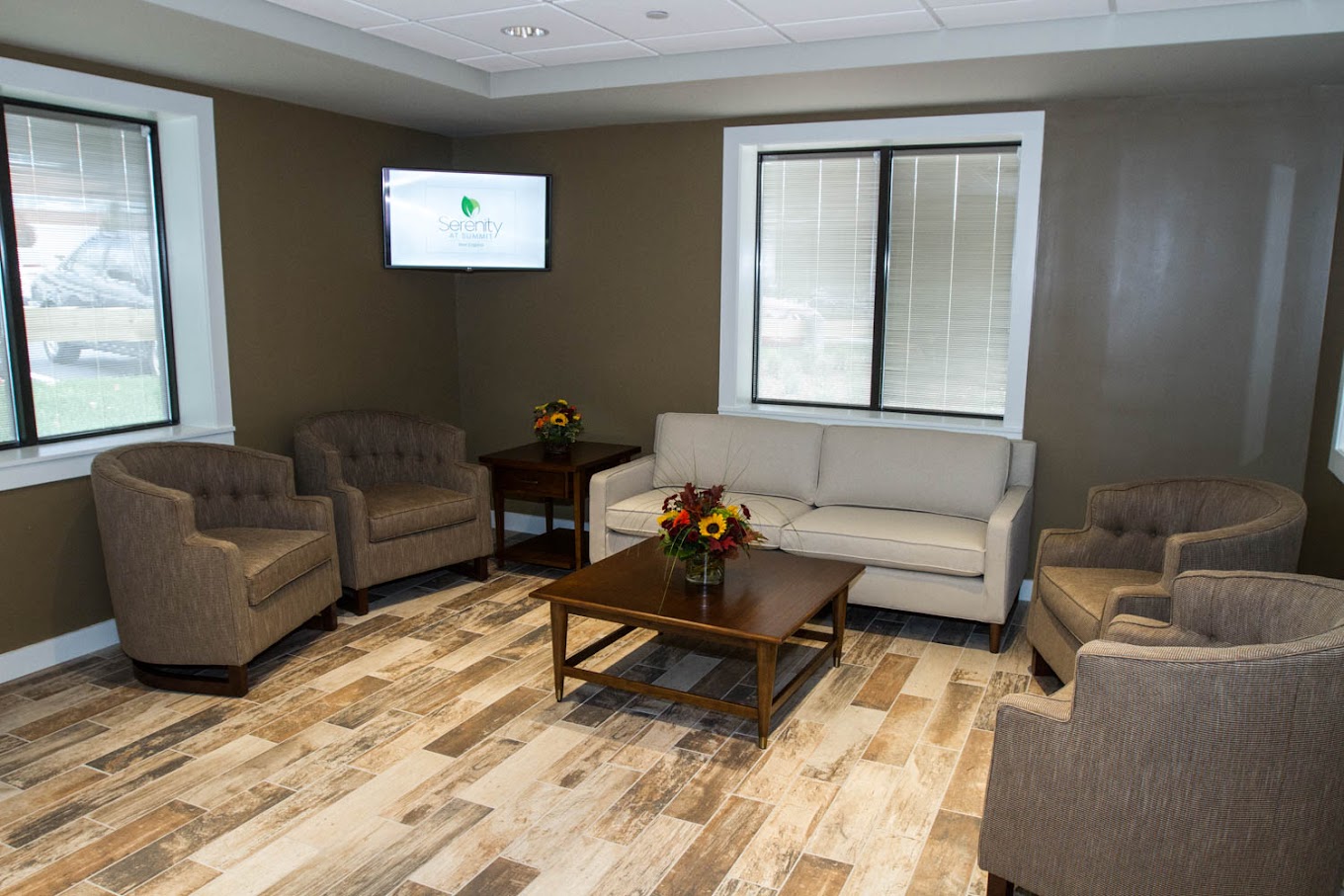 Cozy lounge with armchairs and sofa near windows