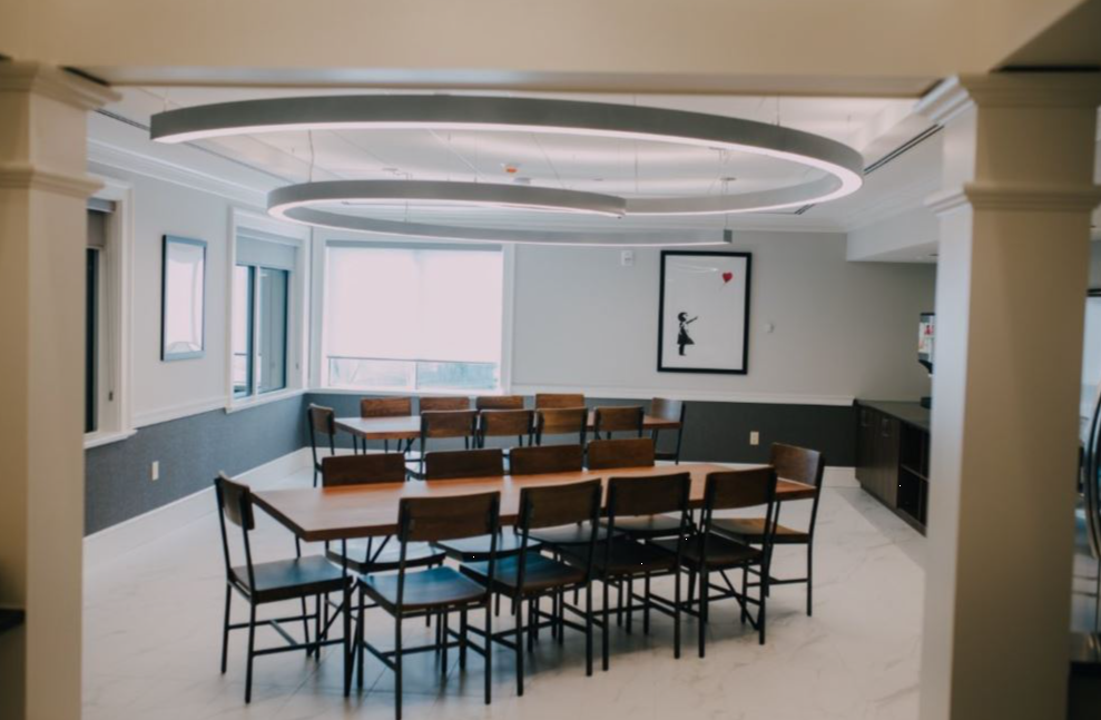 Bright dining room with wooden tables and chairs