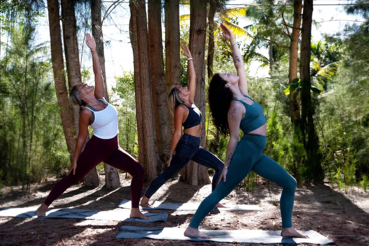 Group doing yoga poses in wooded area