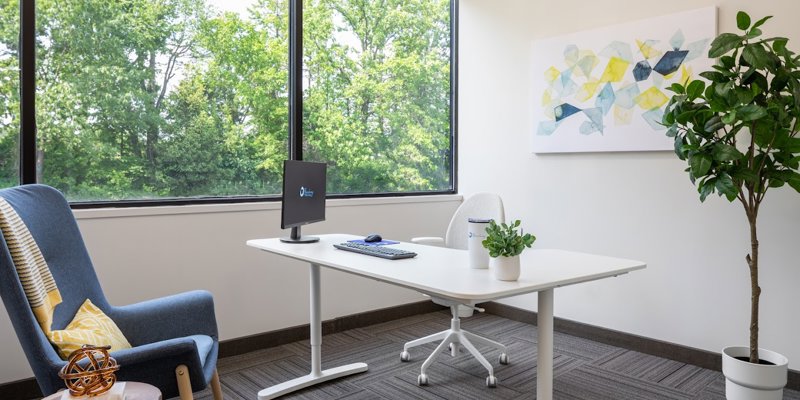 A bright office with a large window overlooking greenery. The sleek desk, comfy chair, and vibrant decor create a calming space.