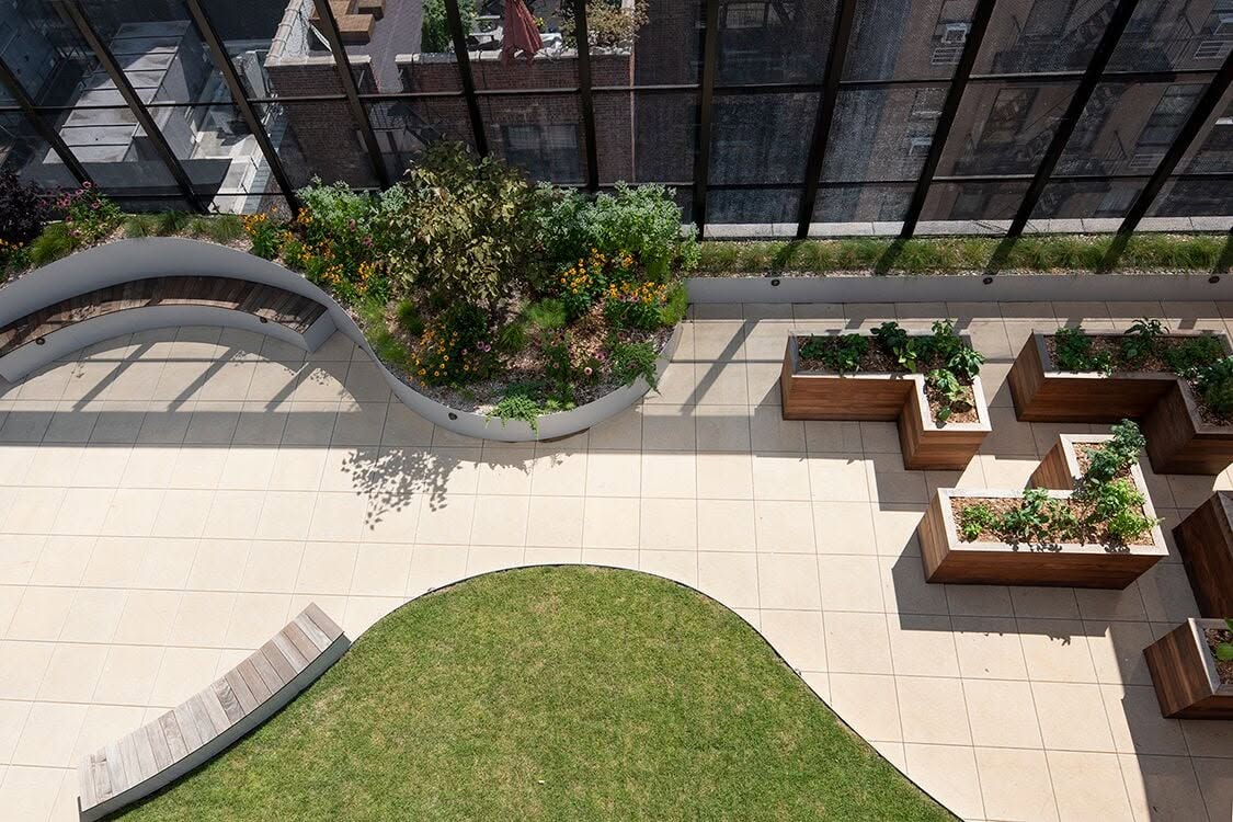 Rooftop garden terrace with seating and planter boxes