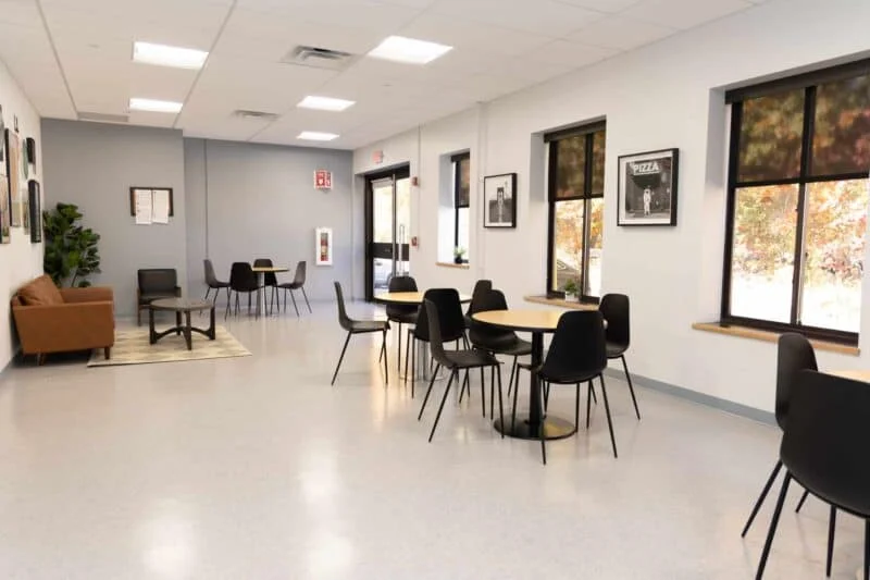 Group meeting area with tables and chairs