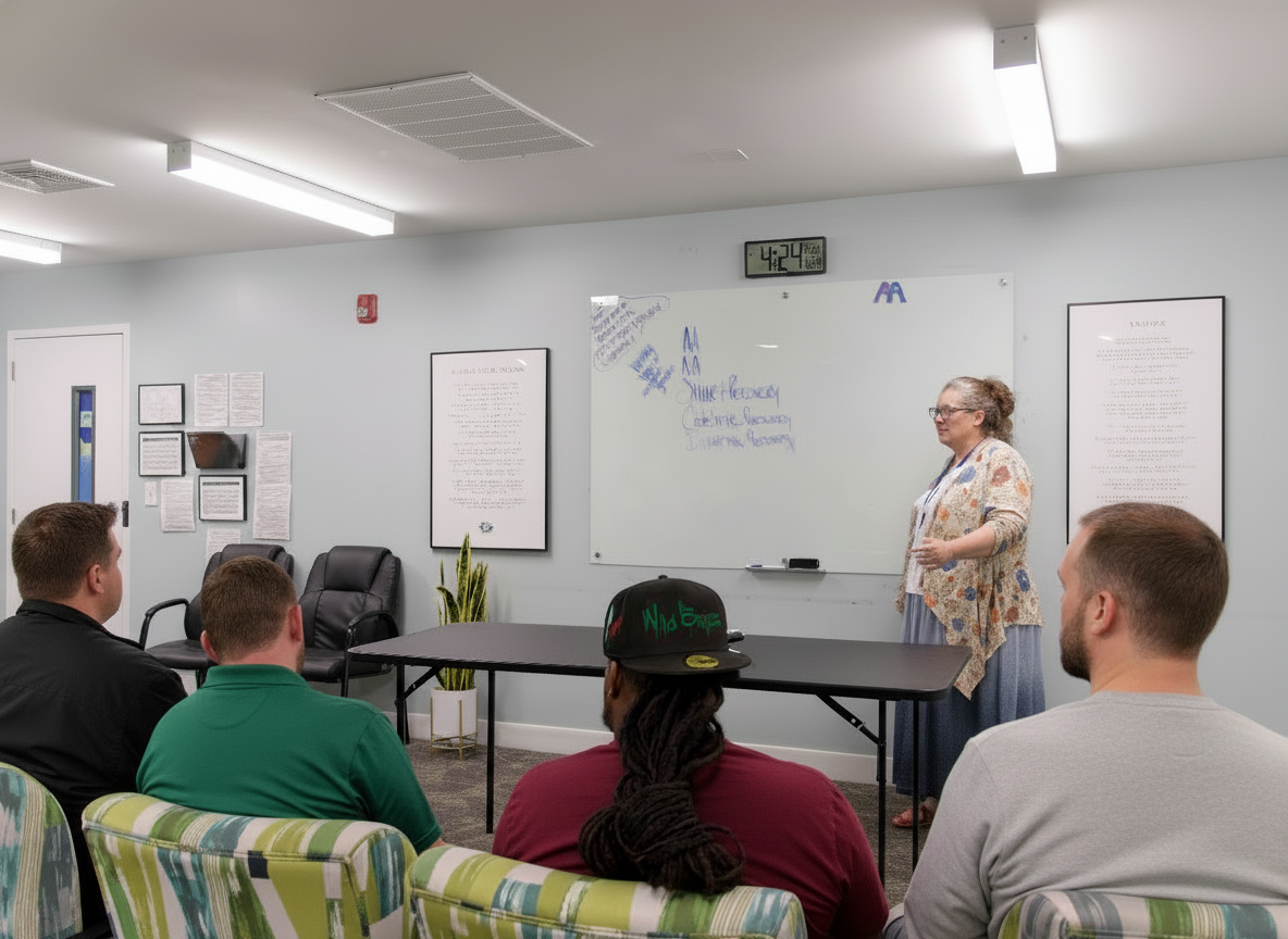 Instructor leading group session in a small therapy classroom.