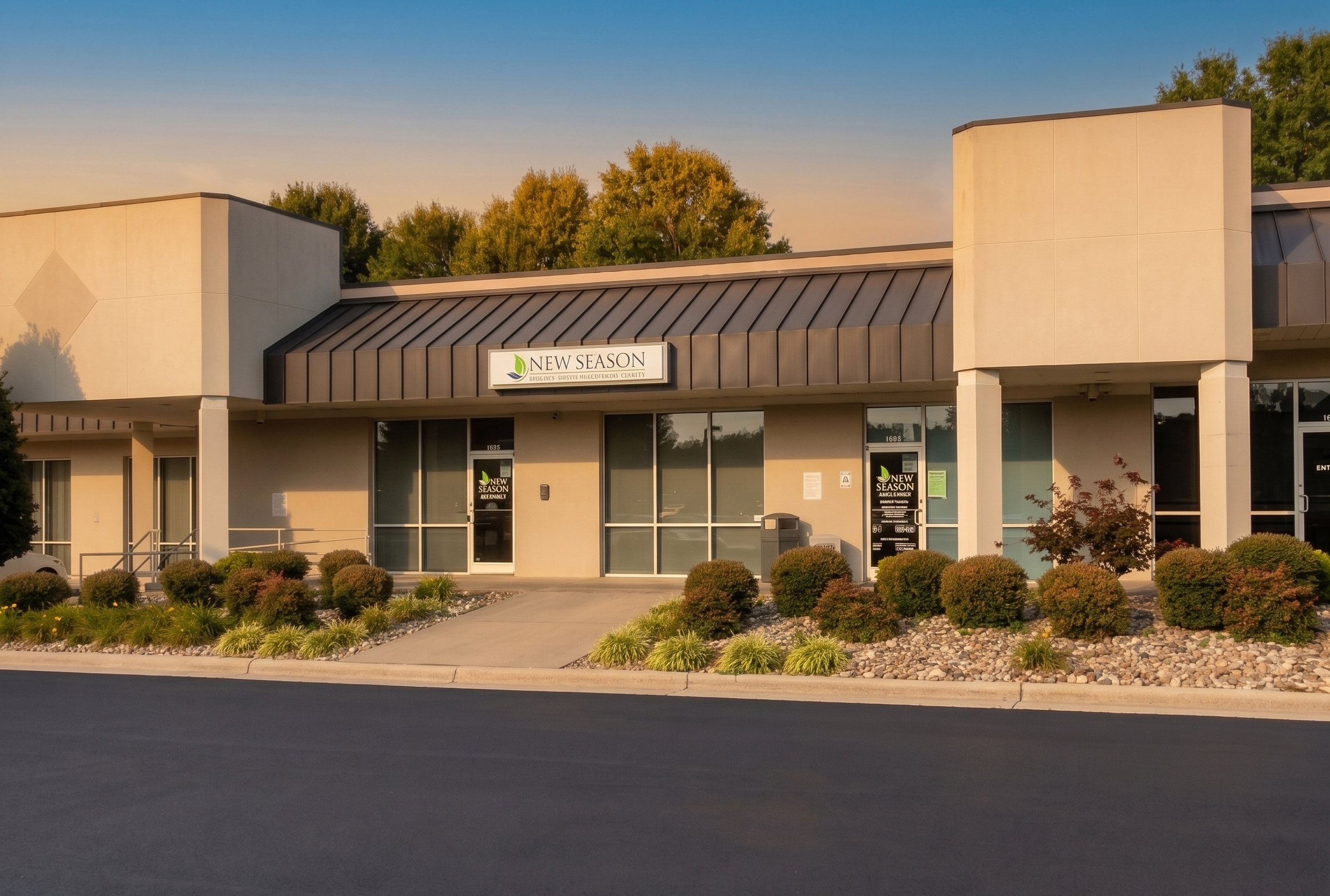New Season treatment center exterior with landscaped entrance