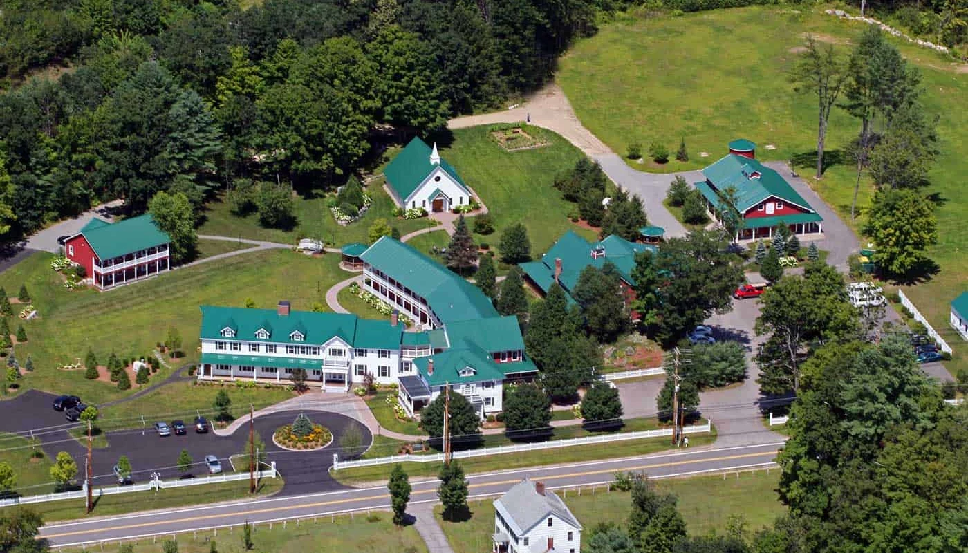 Aerial shot of Plymouth House campus and buildings