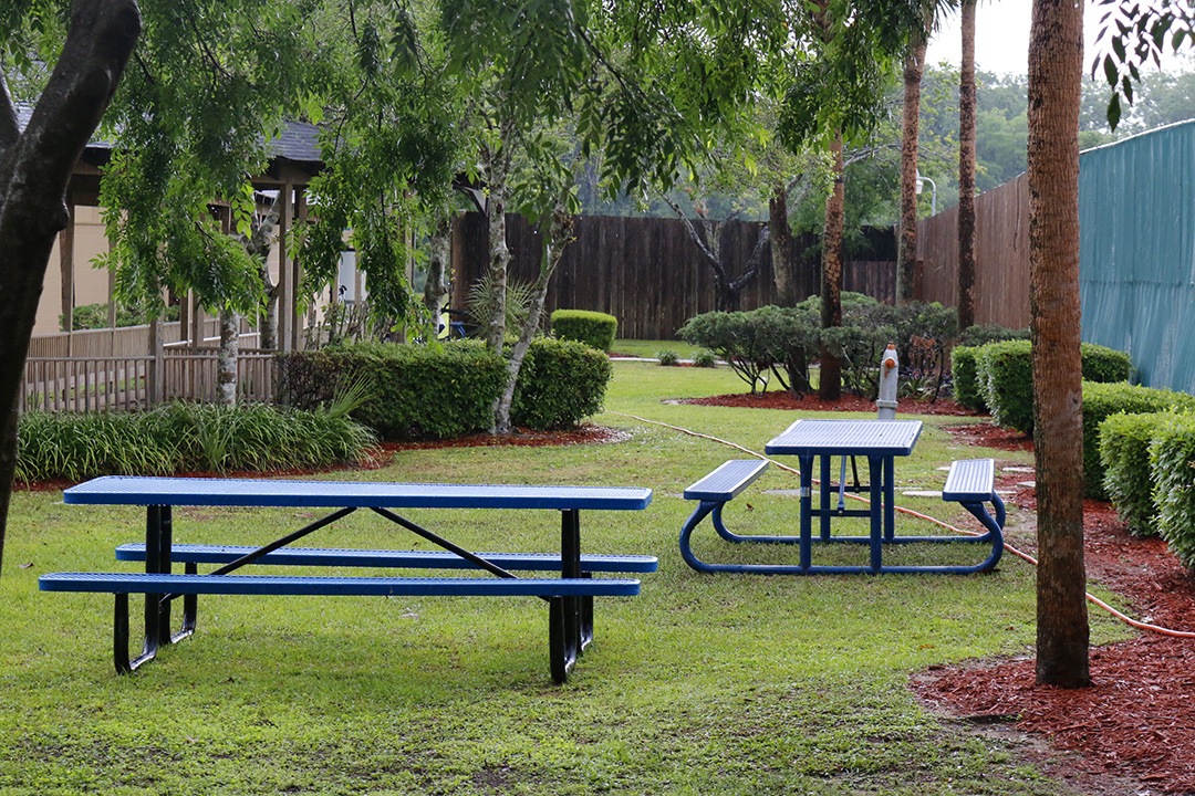 Outdoor picnic tables on Phoenix House Florida residential grounds
