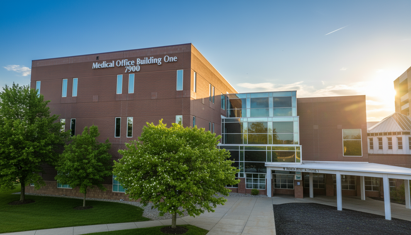 Large brick medical building with glass entryway at sunset.