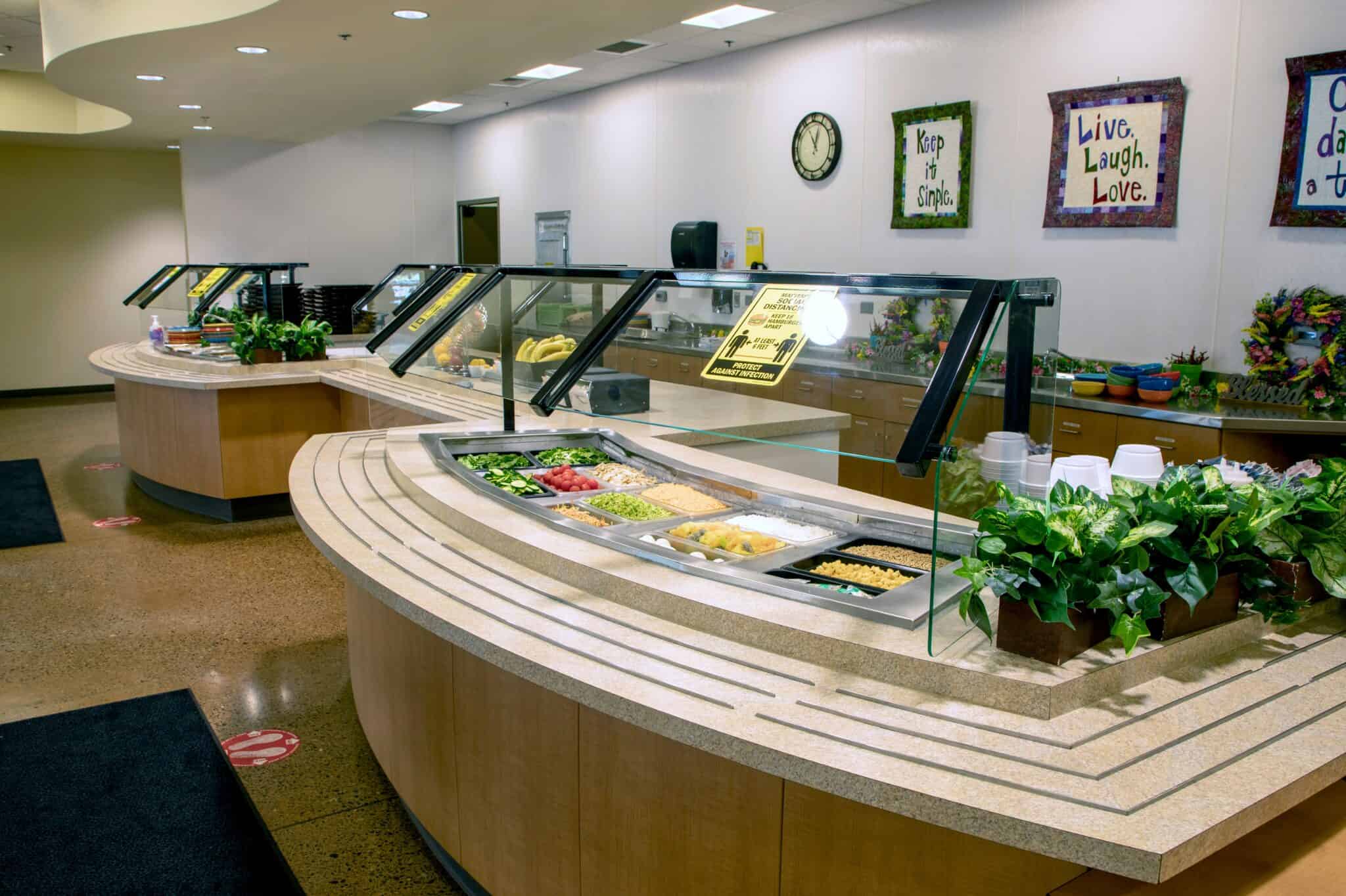 Salad bar and buffet area in rehab dining hall