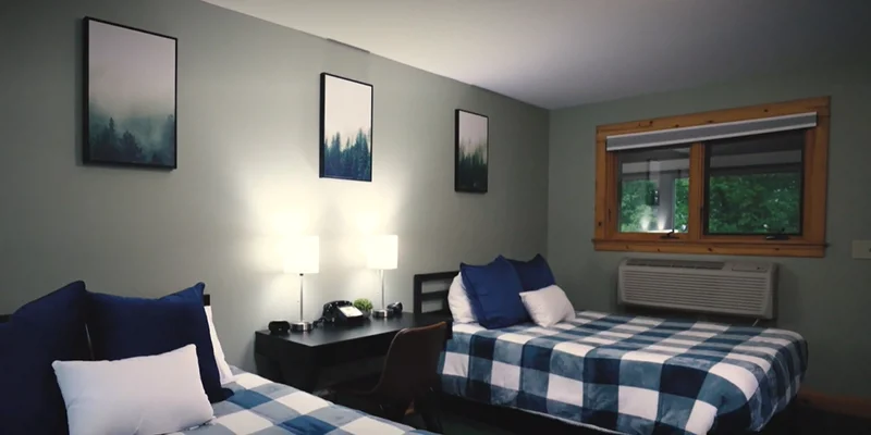 A cozy bedroom with two beds, decorated in blue and white checkered bedding, features a desk, warm lighting, and nature-themed artwork.