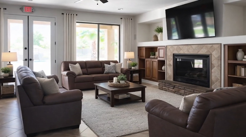 Comfortable communal living room with sofas, fireplace, television, and natural light