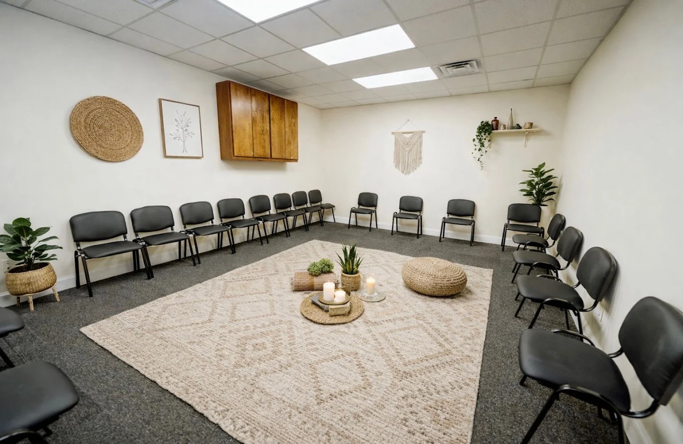 Therapy room with circle seating and calming decor