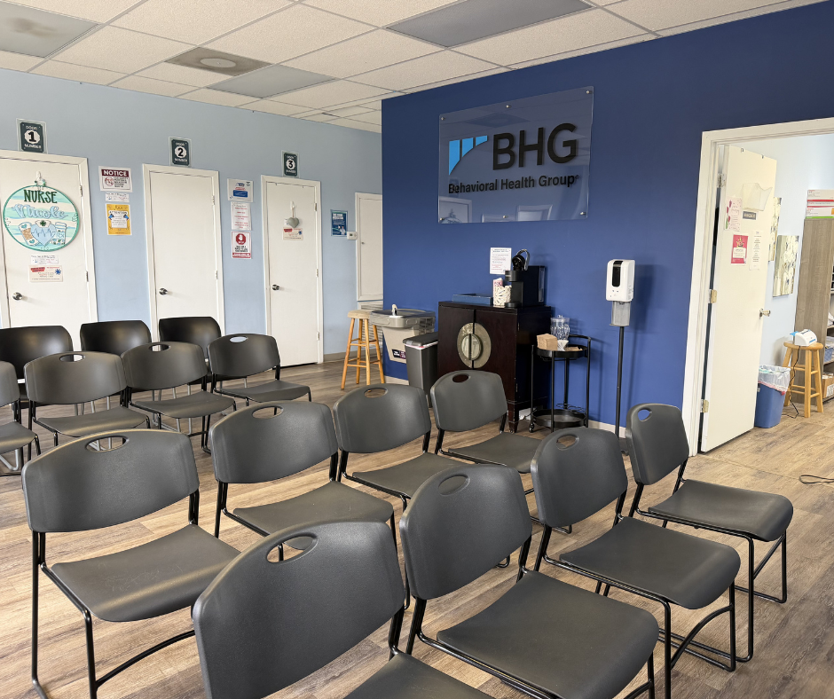 Lobby seating area with BHG wall sign