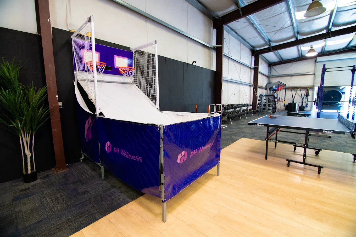 Recreation area with ping pong and gym equipment