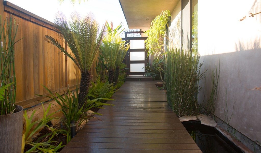 Wooden walkway with potted plants and greenery
