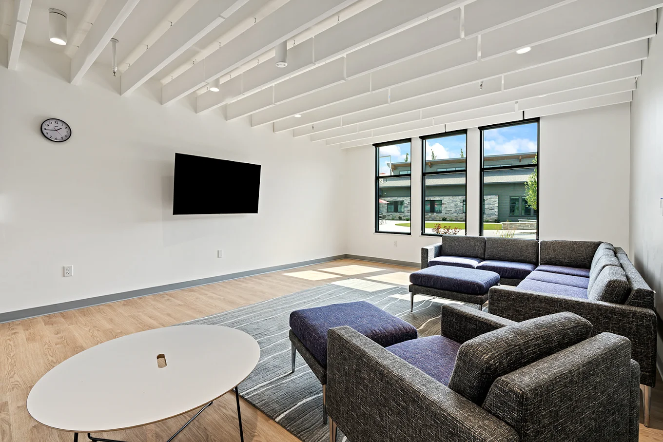 Modern patient lounge with sofas and large windows