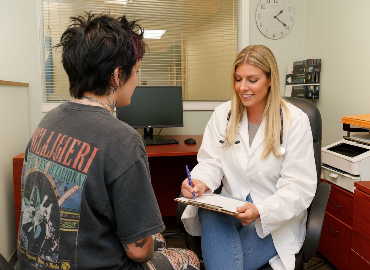 Provider meeting with a patient in a medical office.