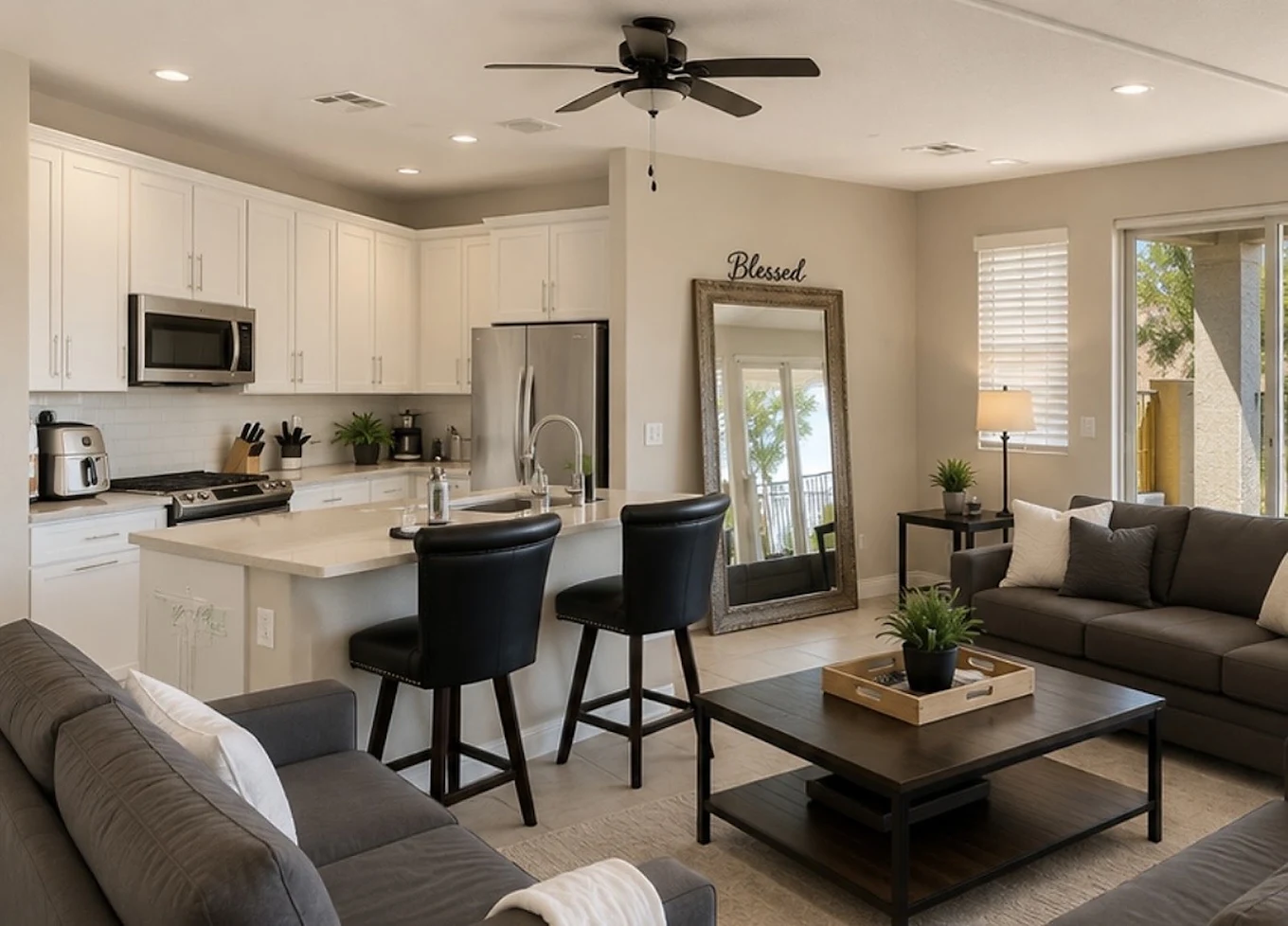 Bright communal dining and kitchen area at Empower Wellness Institute in Henderson, Nevada